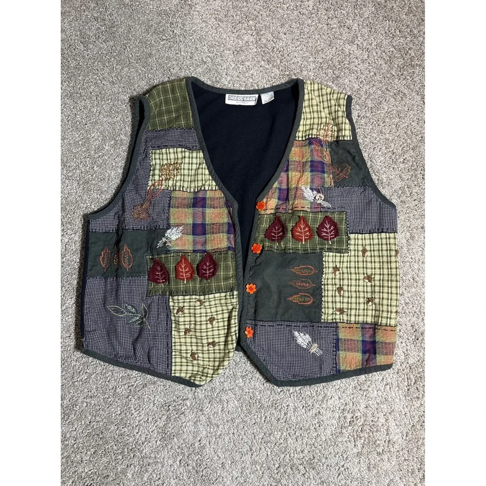 Dress Barn Woman Vintage Patchwork Embroidered Leaf Plaid Corduroy Vest Green 2X